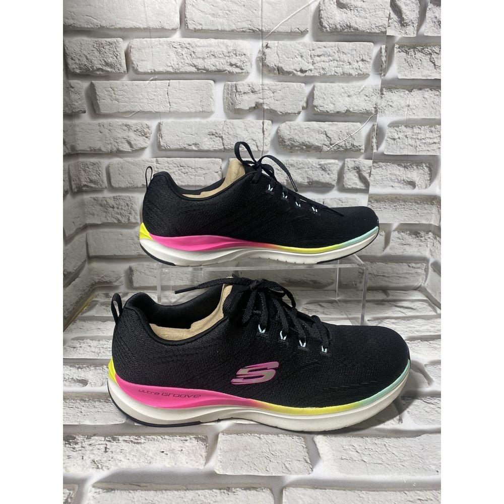 SKECHERS Ultra Groove Pure Lace Up Sneaker Shoes Black Pink Yellow Size 11